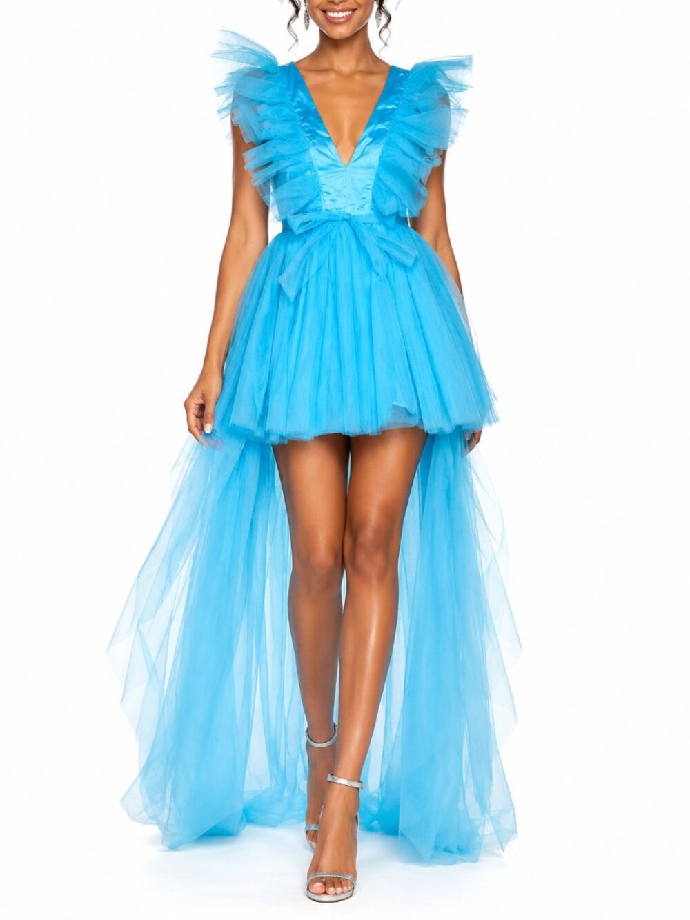 Hot & Delicious Cyber Fairy Tulle High-Low Dress Plunging Ruffle Blue Medium